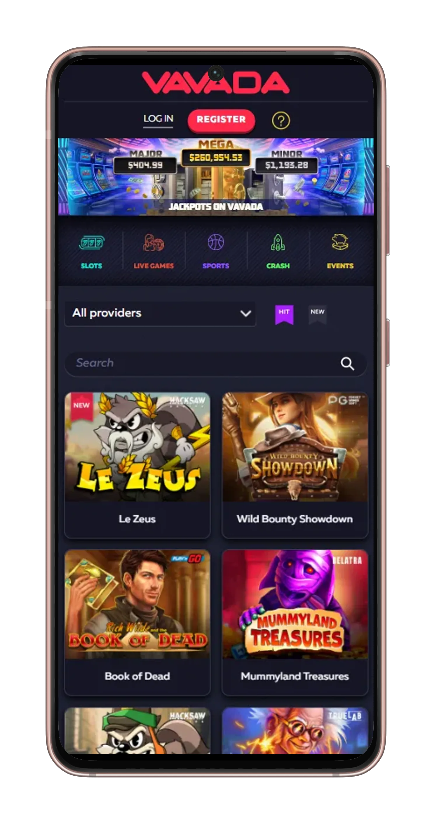 Vavada mobile app interface